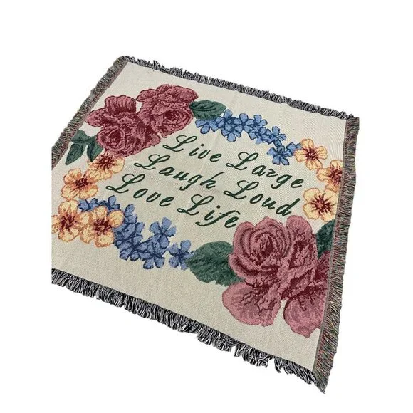 Vintage Live Laugh Love Colorful Floral Tapestry Throw Blanket 50 X 52 - Picture 2 of 12